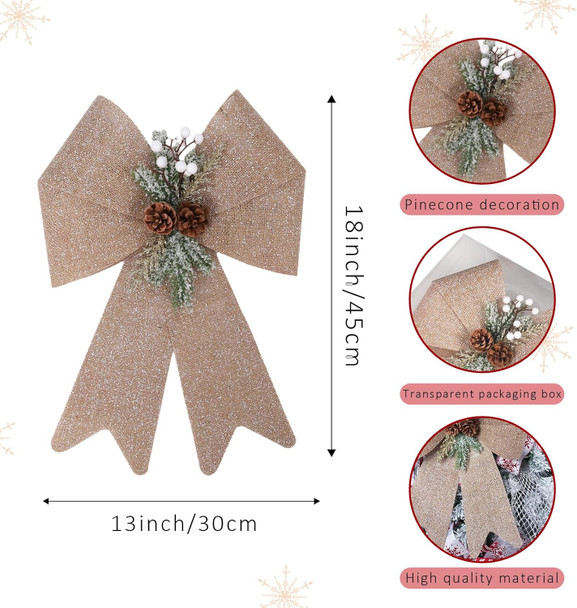 LaRibbons Christmas Bows for Wreaths,18 x 13 Inch Large Plastic Burlap Christmas Bows with Pine Cone for Tree, Indoor Outdoor Decoration