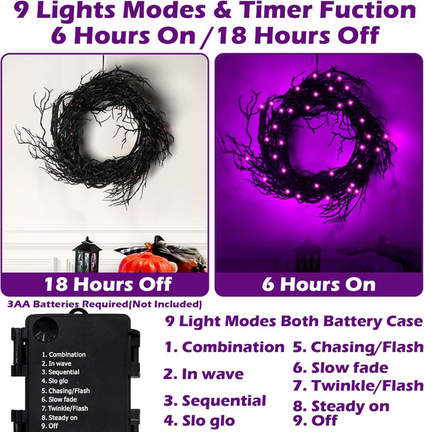 [8 Modes & Timer] 6 Ft 45 LED Halloween Willow Vine Twig Decor Garland Decorations with Purple Lights, Halloween Garland with Battery Operated Waterproof for Home Wall Fireplace Mantle Decorations