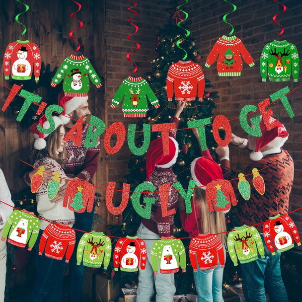 Red Green Its about to Get Ugly Banner and Ugly Sweater Garland Ugly Christmas Sweater Party Banner for Ugly Sweater Party Decorations, Ugly Christmas Sweater Party Supplies