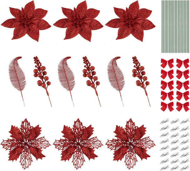 Lemonfilter 30pcs Christmas Glitter Poinsettia Flowers,Christmas Tree Flower Decoration Glitter Artificial Flowers 5/6 Inches with Stems Leaf and 25 Clips,Xmas Ornaments for Wreath Tree Decor(Red)