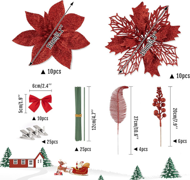Lemonfilter 30pcs Christmas Glitter Poinsettia Flowers,Christmas Tree Flower Decoration Glitter Artificial Flowers 5/6 Inches with Stems Leaf and 25 Clips,Xmas Ornaments for Wreath Tree Decor(Red)