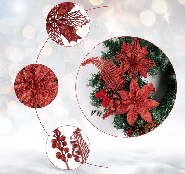 Lemonfilter 30pcs Christmas Glitter Poinsettia Flowers,Christmas Tree Flower Decoration Glitter Artificial Flowers 5/6 Inches with Stems Leaf and 25 Clips,Xmas Ornaments for Wreath Tree Decor(Red)