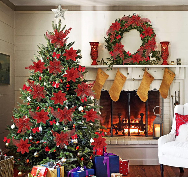 Lemonfilter 30pcs Christmas Glitter Poinsettia Flowers,Christmas Tree Flower Decoration Glitter Artificial Flowers 5/6 Inches with Stems Leaf and 25 Clips,Xmas Ornaments for Wreath Tree Decor(Red)