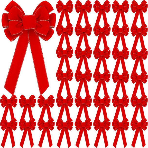 Lenwen 36 Pcs Large Christmas Bows 11 x 19.6 inch Velvet Christmas Wreath Bows Christmas Tree Topper Bow with Golden Edge Big Xmas Ornament for Wreath Home Front Door Decor (Red)