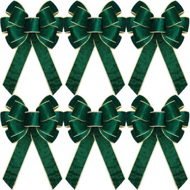 Lenwen 6 Pcs Large Christmas Bows Velvet Christmas Wreath Bows Christmas Tree Topper Bow with Golden Edge Big Xmas Ornament for Wreath Home Front Door Decor (Green,9 x 13 Inch)