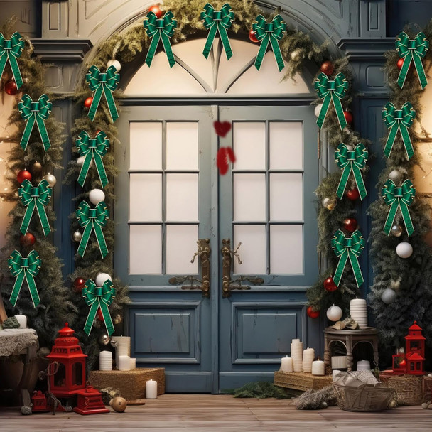 Lenwen 12 Pcs Large Christmas Bows 11 x 19.6 inch Velvet Christmas Wreath Bows Christmas Tree Topper Bow with Golden Edge Big Xmas Ornament for Wreath Home Front Door Decor (Green)