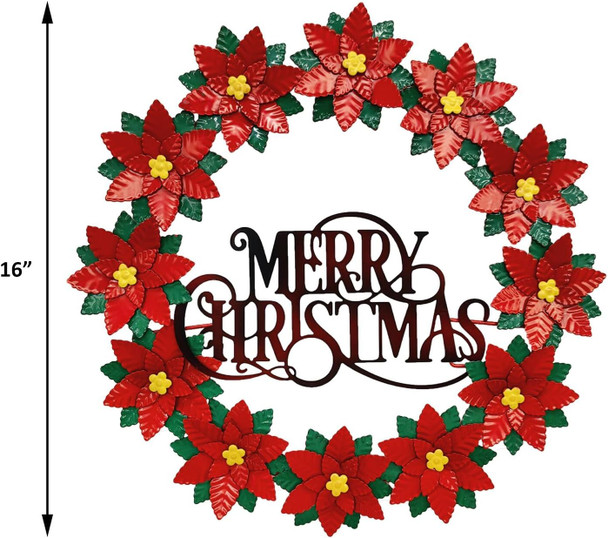 16” Metal Christmas Wreath for Front Door, Poinsettias Handcrafted Holiday Xmas Door Wreaths Clearance Porch Decorations