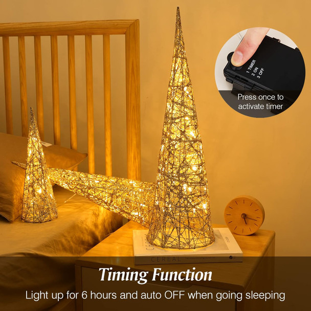 Lewondr Christmas Cone Trees, Set of 3 Christmas Tree with Lights and Glitters(24"/18"/12"), Battery Powered Decorative Winding Thread Outdoor Cone Christmas Tree for Home Holiday Xmas Décor, Gold