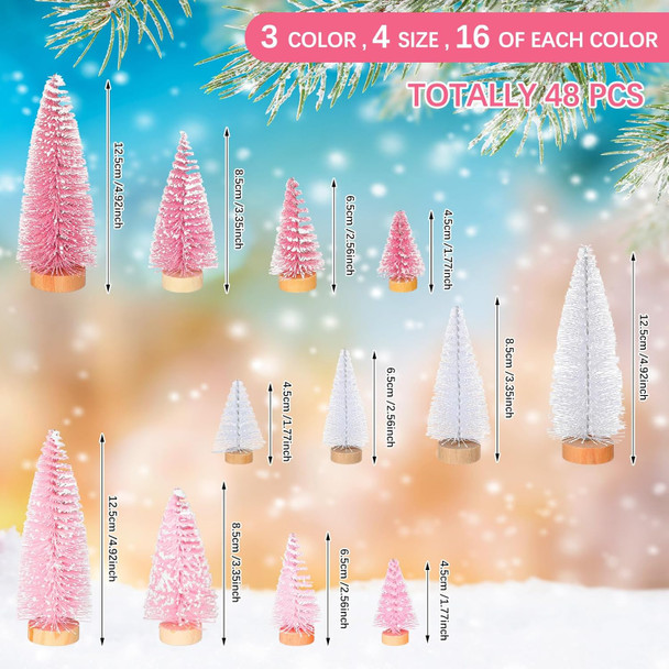 Leyndo 48 Pcs Pink Artificial Mini Christmas Tree Xmas Sisal Bottle Brush Trees with Wood Base Christmas Trees for Christmas Party Table Top Decor Winter Ornaments Home Kitchen Crafts