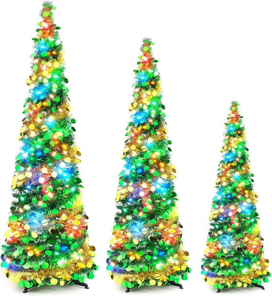 Leyndo 3 Pcs Pop up Christmas Tree with LED Light 3, 4, 5 ft Pre Lit Artificial Collapsible Christmas Tree Green and Gold Pencil Sequin Tinsel Skinny Xmas Tree for Indoor Home Fireplace Decoration
