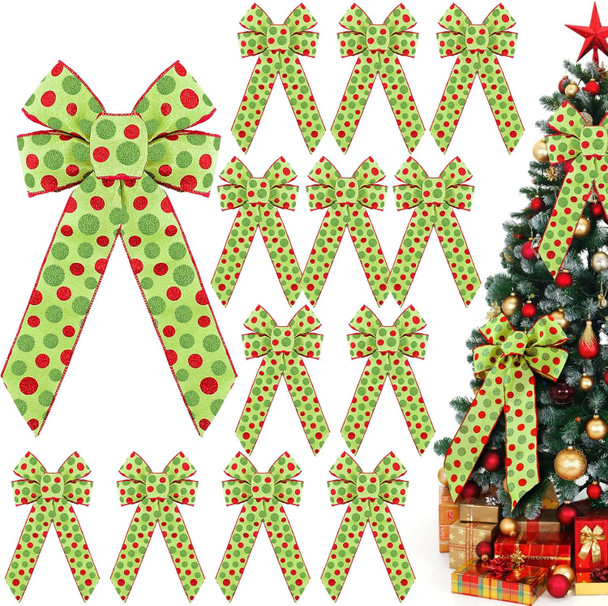 Leyndo 12 Pcs Large Christmas Bow for Wreaths 9'' x 16'' Green Glitter Dot Bows Christmas Tree Bows Xmas Bows Decoration Hanging Ornament for Indoor Outdoor Front Garland Decor(Green)