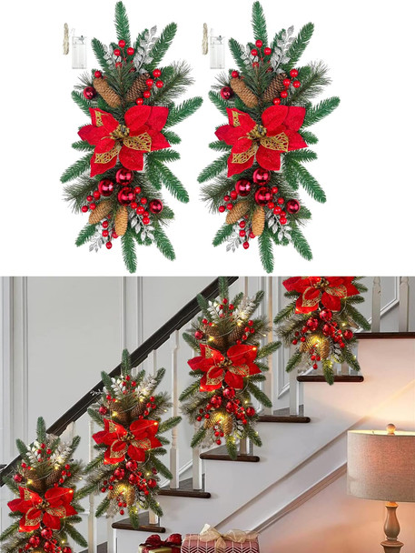 2PCS Christmas Teardrop Swag Christmas Wreaths 18'' Xmas Stairway Swag Wreath Artificial Christmas Swags Decorations for Front Door Indoor Outdoor Wall