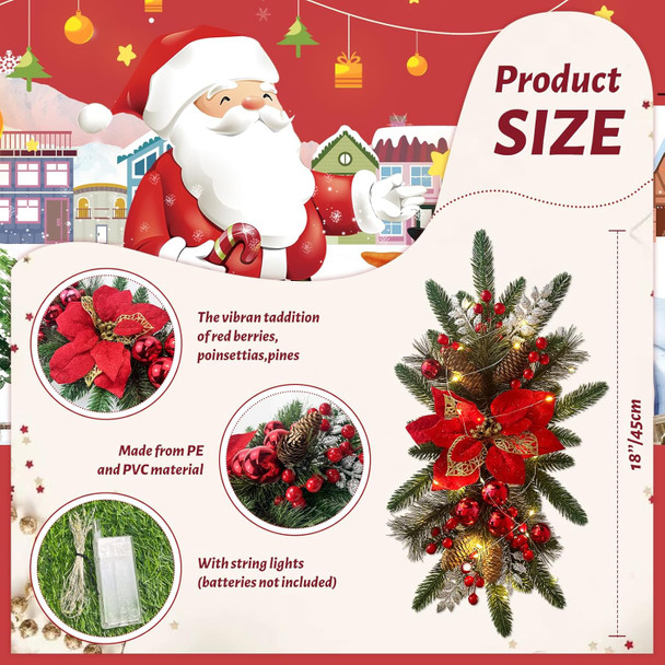 2PCS Christmas Teardrop Swag Christmas Wreaths 18'' Xmas Stairway Swag Wreath Artificial Christmas Swags Decorations for Front Door Indoor Outdoor Wall