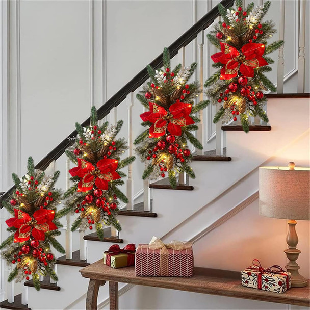 2PCS Christmas Teardrop Swag Christmas Wreaths 18'' Xmas Stairway Swag Wreath Artificial Christmas Swags Decorations for Front Door Indoor Outdoor Wall