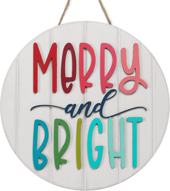 3D Christmas Merry and Bright Ornament Door Hanger Farmhouse Style Christmas Front Door Sign Christmas Decor Wooden Wreath (MERRY&BRIGHT)