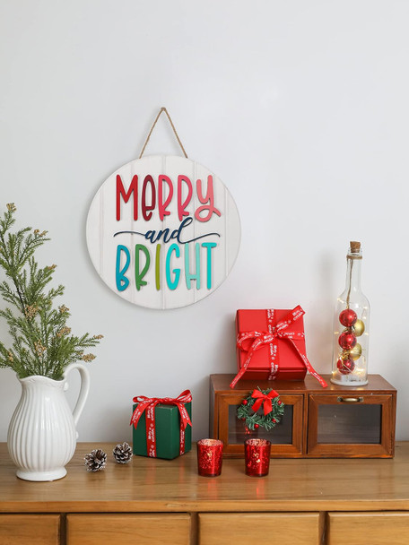 3D Christmas Merry and Bright Ornament Door Hanger Farmhouse Style Christmas Front Door Sign Christmas Decor Wooden Wreath (MERRY&BRIGHT)