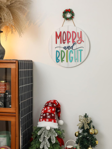 3D Christmas Merry and Bright Ornament Door Hanger Farmhouse Style Christmas Front Door Sign Christmas Decor Wooden Wreath (MERRY&BRIGHT)