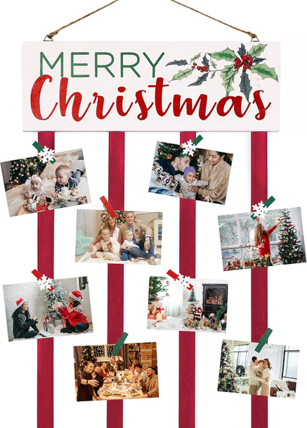 Christmas Card Holder Wall Display Merry Christmas Wooden Hanging Picture Holder with 24 Clips for Holiday Décor
