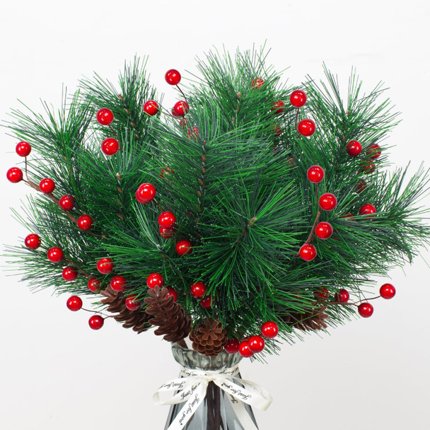 6 Pack Christmas Berries Pine Picks Artificial Flowers whit Red Berry Pine Branches Long Faux Pine Stem with Pinecones Christmas Tree Wreath DIY Craft Floral Arrangement Holiday Season Xmas Decor