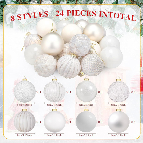 Liliful 24 Pcs Glass Christmas Ball Ornaments Christmas Tree Decoration Hanging Balls Christmas Ornaments for Festival Home Wedding Holiday Party Decor(White,3.15 Inch)