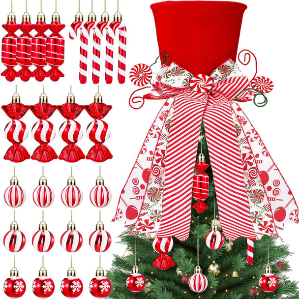 Liliful 25 Pcs Christmas Tree Topper Decor Set Christmas Candy Canes Tree Topper Red Hat with Peppermint Striped Bow Ribbon and Lollipop Hanging Balls for Holiday Christmas Party Tree Decor