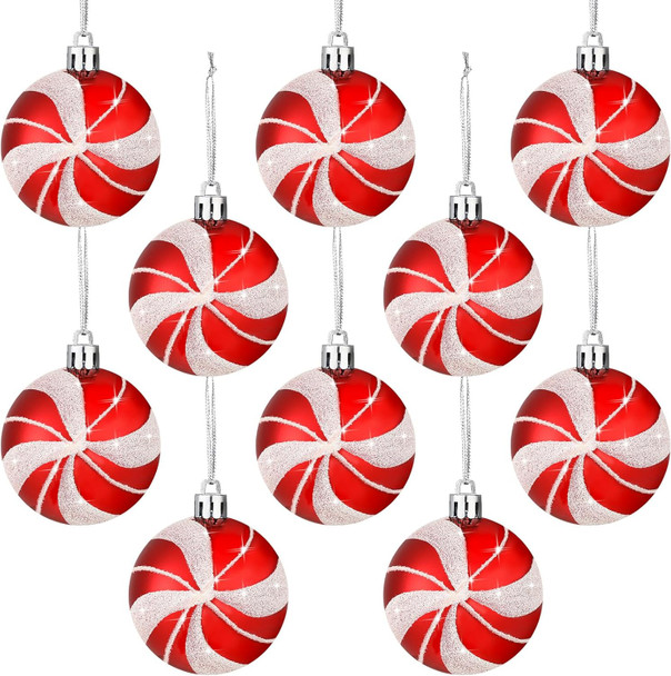Liliful Red and White Christmas Ornaments for Tree Candy Canes Design Ball Ornaments 2.4 Inches Christmas Hanging Ball Plastic Glitter Ornament Xmas Shatterproof Decoration for Home Garden(10 Pcs)