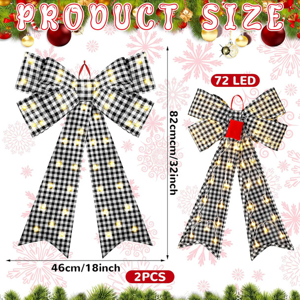 Liliful 2 Pcs 18 x 32 in LED Christmas Wreath Bows Extra Large Bows 72 LED Lights Wreath Huge Bow Door Wall Xmas Tree Top Decor for Indoor Outdoor Winter Xmas Party(Black White Buffalo Plaid)