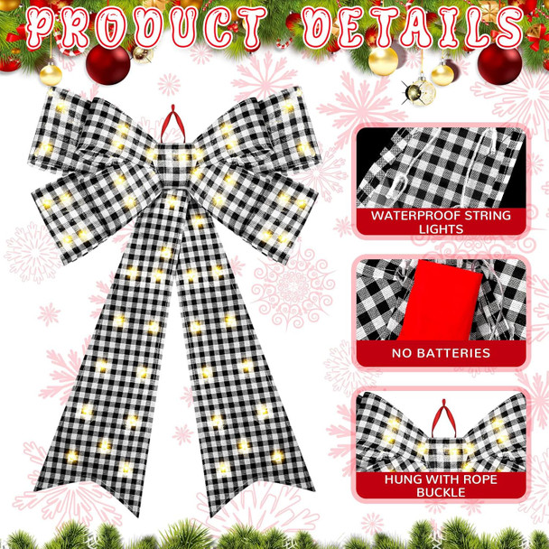 Liliful 2 Pcs 18 x 32 in LED Christmas Wreath Bows Extra Large Bows 72 LED Lights Wreath Huge Bow Door Wall Xmas Tree Top Decor for Indoor Outdoor Winter Xmas Party(Black White Buffalo Plaid)