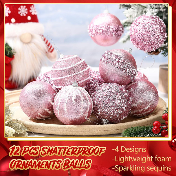 Liliful 12 Pcs Christmas Ball Ornaments Christmas Tree Decorations Foam Glitter Balls Hanging Xmas Tree Balls for Home Year Holiday Indoor Outdoor Party Decor (Pink,3.54 Inch)