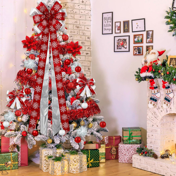 Liliful 63 Pcs Christmas Decorations Set Including Large Bow Christmas Tree Topper Glitter Bow Knots Poinsettia Flowers Metallic Tinsel Garland Balls Ornament White Snowflake Decor (Red)