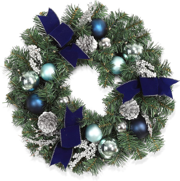 LinTimes Christmas Wreaths, 18 Inch Christmas Wreath for Front Door with 15 LED Lights, Pre-lit Christmas Decoration with Blue Bows Silver Leaves Ball Ornaments for Christmas Wall Window Decor