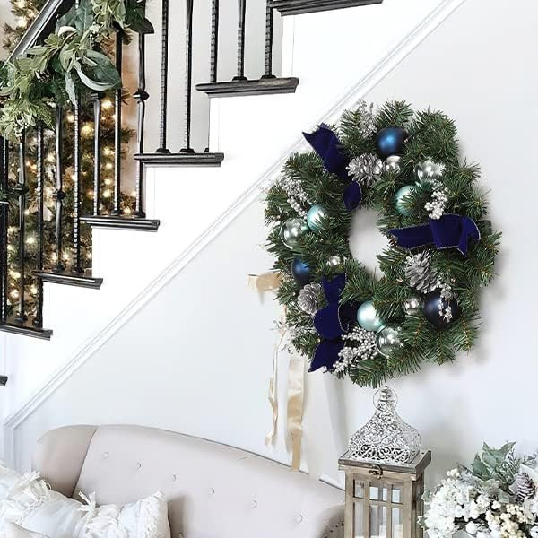 LinTimes Christmas Wreaths, 18 Inch Christmas Wreath for Front Door with 15 LED Lights, Pre-lit Christmas Decoration with Blue Bows Silver Leaves Ball Ornaments for Christmas Wall Window Decor