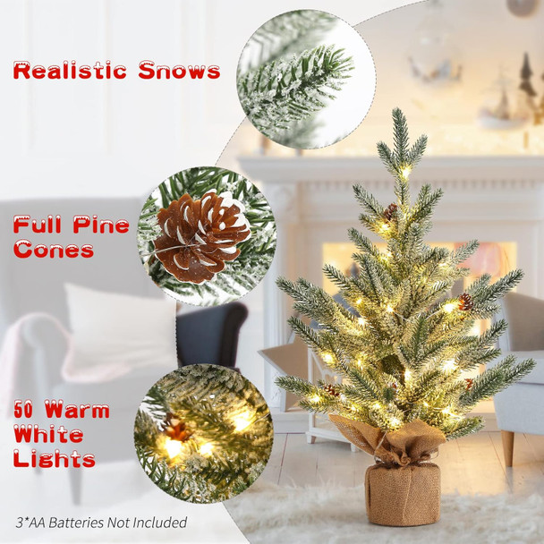 LinTimes 24 Inch Table Top Small Christmas Tree with 50 LED Lights, Prelit Mini Christmas Tree Frosted Pine Tree with Red Berries for Home Table Centerpiece Dining Room Office Desk Decorations