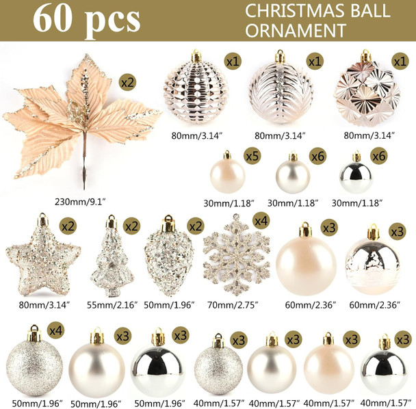 60 Pcs Christmas Ball Ornaments Set,Champagne Gold Shatterproof Plastic Christmas Tree Ornaments Balls for Indoor and Outdoor Holiday Party Wedding Thanksgiving Christmas Decoration