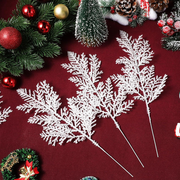 LIOOBO Christmas White Pine Needles Picks: 24 Pcs Artificial Pine Tree Twig, Pine Branches for Christmas Wreath Garden DIY Garland Decor