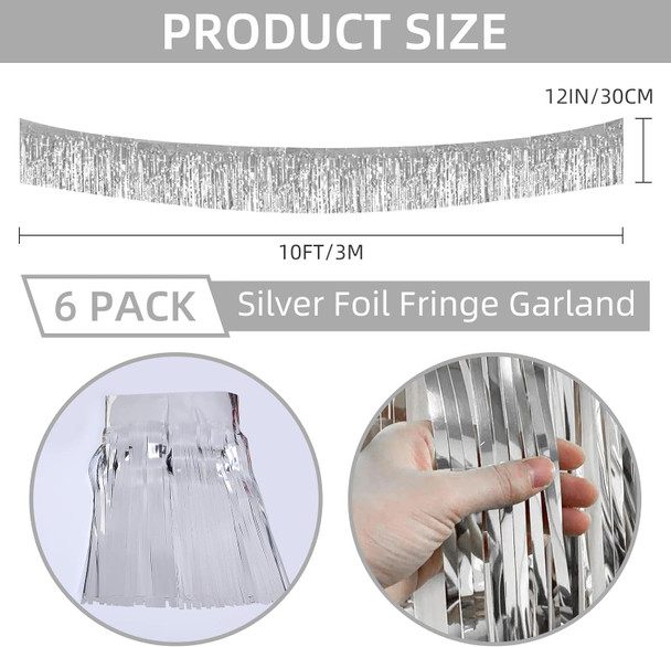 6 Pack 10 Feet Silver Foil Fringe Garland Metallic Foil Tinsel Streamers, Wall Hanging Fringe Curtain Backdrop Tinsel Fringe Banner for Parade Floats, Wedding, Birthday, Christmas Party Decorations