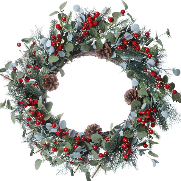 Christmas Wreath-20In Christmas Wreaths for Front Door Winter Wreath with Pine Needles Pine Cones and Red Berries for Winter and Christmas Decor