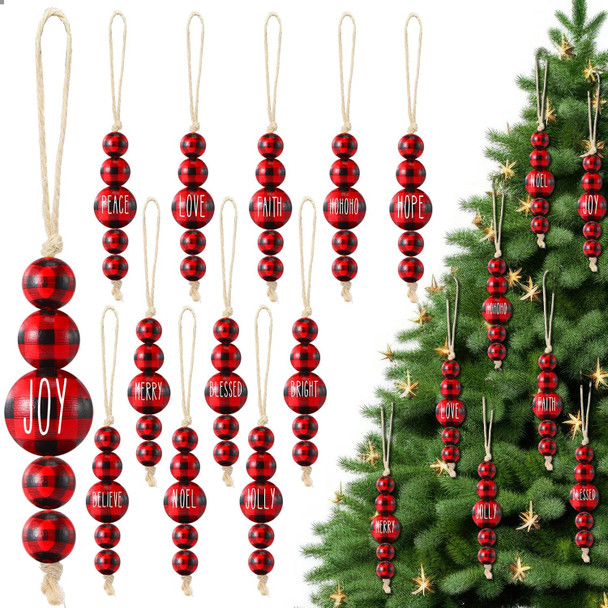 24 Pcs Christmas Ornaments Farmhouse Wood Bead Ornament for Tree with Blessing Word Rustic Christmas Hanging Decorations Natural Wooden Beads for Xmas Tree Wall Tiered Tray (Buffalo Plaid)