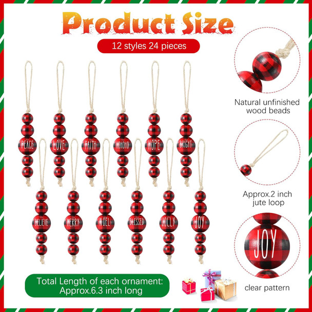 24 Pcs Christmas Ornaments Farmhouse Wood Bead Ornament for Tree with Blessing Word Rustic Christmas Hanging Decorations Natural Wooden Beads for Xmas Tree Wall Tiered Tray (Buffalo Plaid)