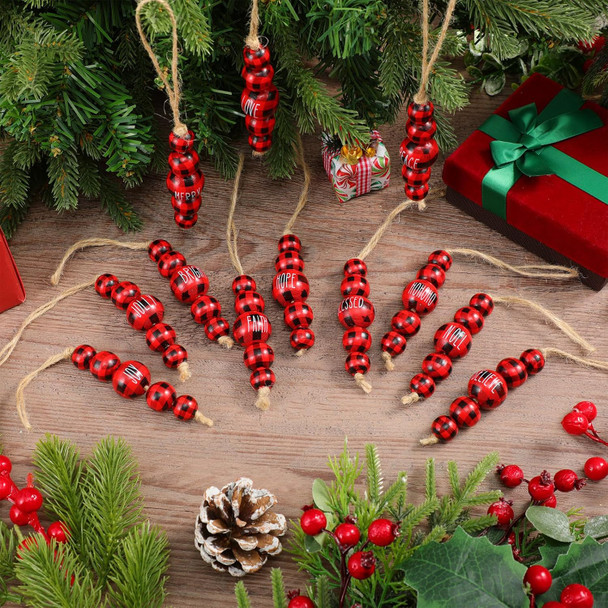 24 Pcs Christmas Ornaments Farmhouse Wood Bead Ornament for Tree with Blessing Word Rustic Christmas Hanging Decorations Natural Wooden Beads for Xmas Tree Wall Tiered Tray (Buffalo Plaid)