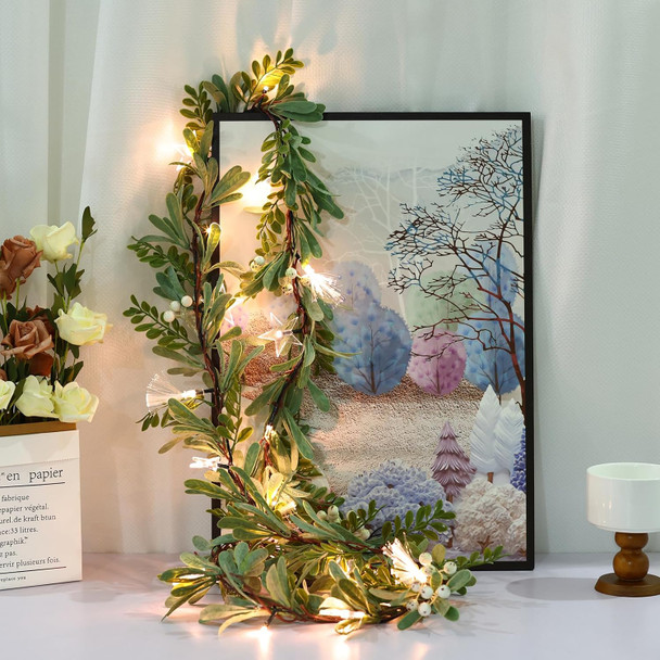 Christmas Garland with Lights, LOFTANK 6.25 FT Pre-lit Artificial Greenery Olive Garland, Battery Operate, Decorate Mantle, Fireplaces, Front Door, Stairs Railing Xmas Decorations