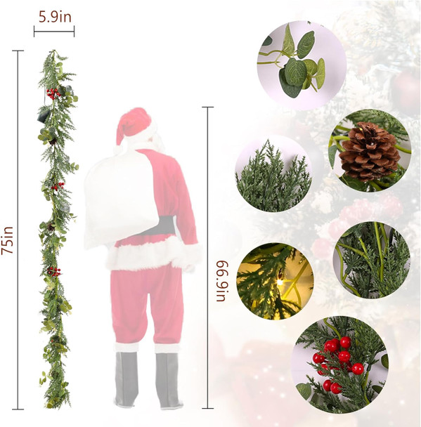 Christmas Garland with Lights, Pre-lit 6.25 FT Artificial Greenery Pine Cedar Eucalyptus Garland, Natural, Battery Operated, Decorate Mantle, Fireplaces, Front Door, Stairs Railing Xmas Decorations
