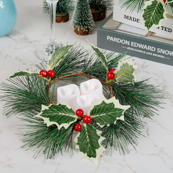 Christmas Candle Rings Set of 2, 4＂ Holly Leaf Candle Wreaths for Pillar and Taper Candles - Festive Candlesticks Centerpieces for Christmas, Wedding, Thanksgiving, Party, Dinner Table Decor
