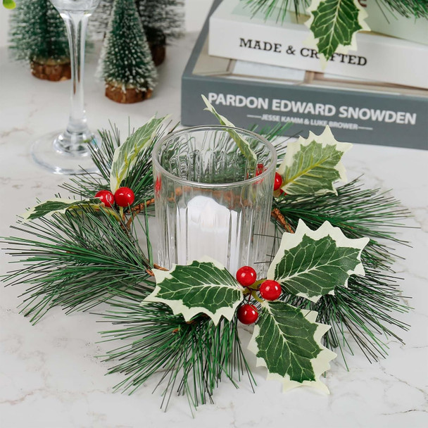 Christmas Candle Rings Set of 2, 4＂ Holly Leaf Candle Wreaths for Pillar and Taper Candles - Festive Candlesticks Centerpieces for Christmas, Wedding, Thanksgiving, Party, Dinner Table Decor