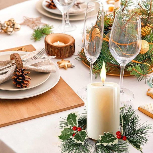 Christmas Candle Rings Set of 2, 4＂ Holly Leaf Candle Wreaths for Pillar and Taper Candles - Festive Candlesticks Centerpieces for Christmas, Wedding, Thanksgiving, Party, Dinner Table Decor