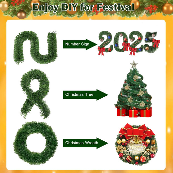 50FT Christmas Garland Christmas Decorations, Green Christmas Tree garland decor 5 Snowflakes, DIY Artificial Garland Holiday Outdoor Decorations for Stairs Railing, Fireplace, Staircase, Window, Door