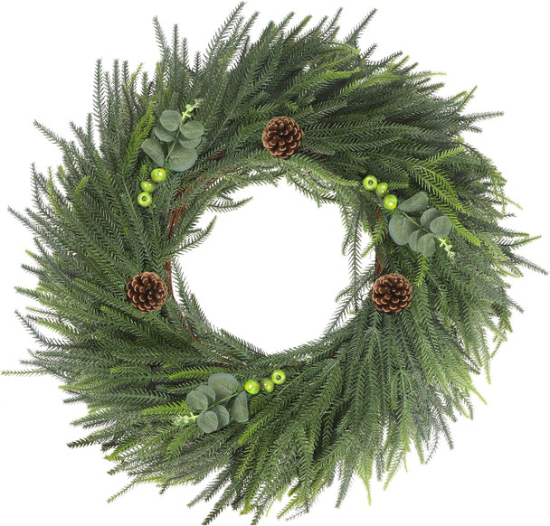 Real Touch Norfolk Pine Wreath, 24" Artificial Christmas Wreaths for Front Door, Soft Bendable Pine Wreaths for Front Door, Christmas Door Decorations