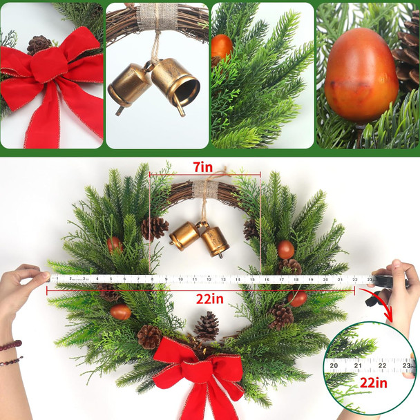 21''Bell Christmas Wreaths for Front Door, Beautiful Door Wreath with Bow Acorn Pinecone Decor for Christmas Year