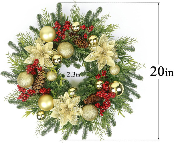 Christmas Wreath, 20'' Christmas Wreaths for Front Door with Gold Ball and Flower, Christmas Door Decorations for Year