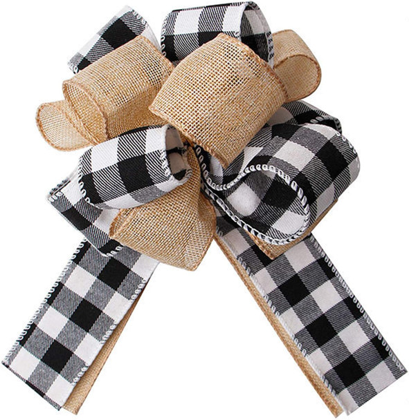 Black White Buffalo Plaid Burlap Wreath Bow Multi Layed Bows Wreath Bow Wall Ornaments Christmas Tree Topper Bows for Holiday Home Front Door Decorations